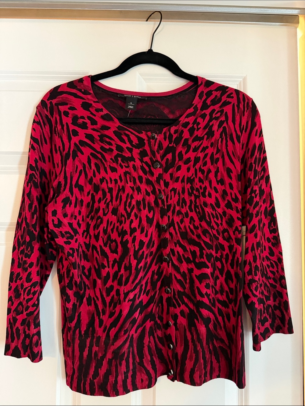 White House Black Market Red and Black Leopard Print Cardigan Sweater